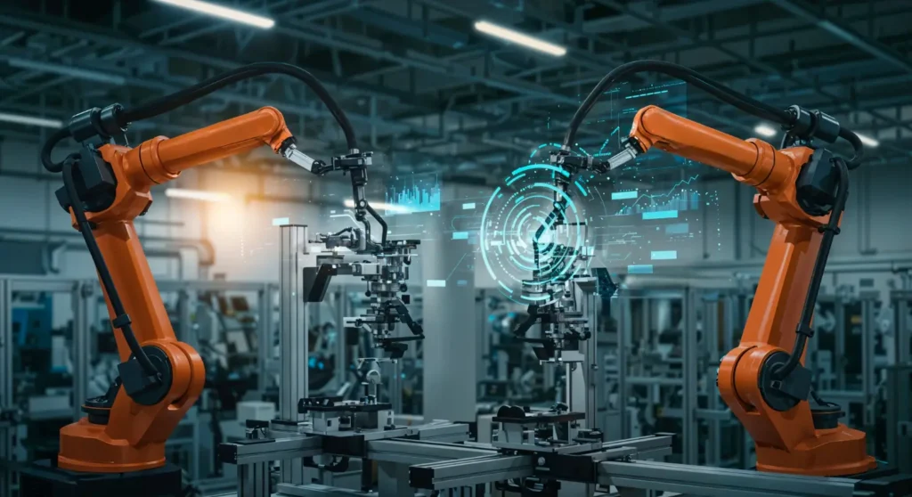 Industrial robotic arms for automation in a smart manufacturing plant in Saudi Arabia.