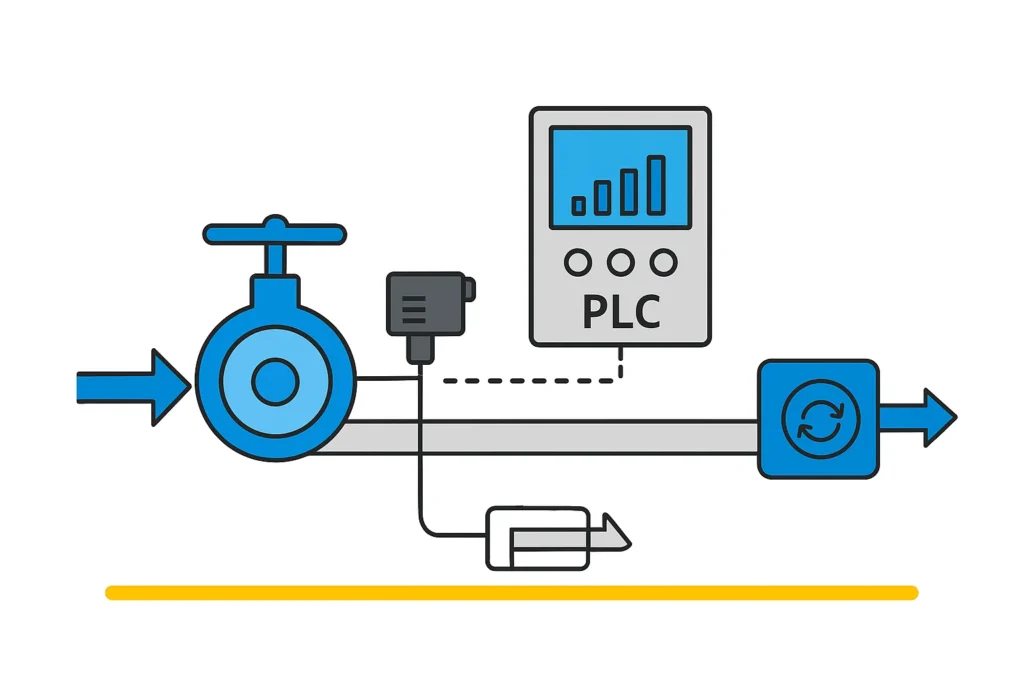 2D digital schematic diagram illustrating an automated industrial valve system with PLC control, sensors, and flow regulation in a fluid process.