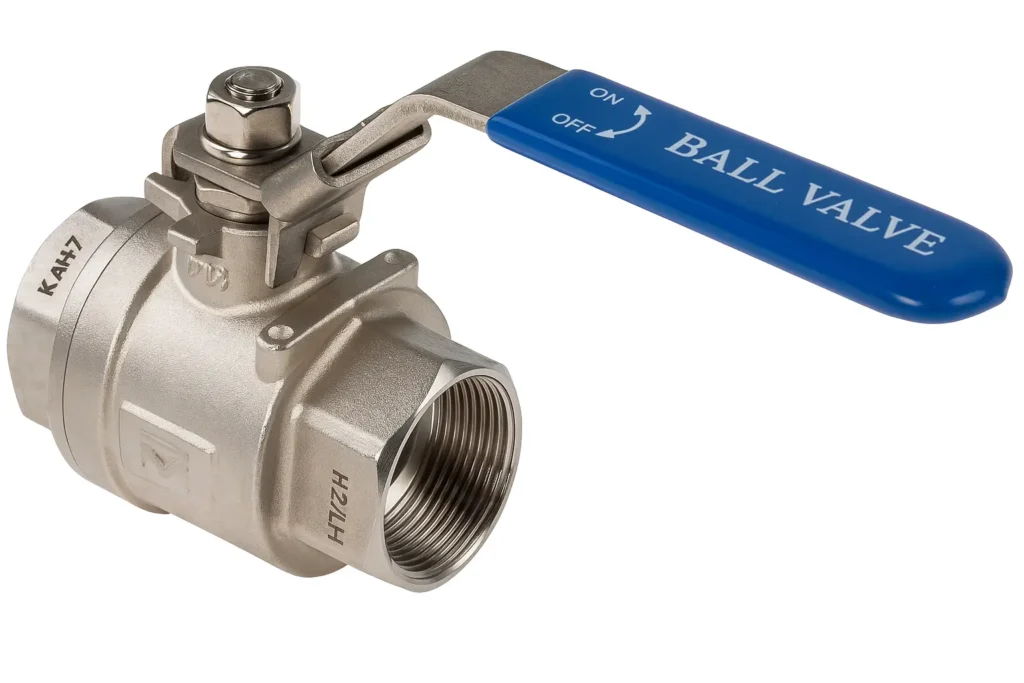 Stainless steel ball valve with blue lever handle for industrial fluid control.