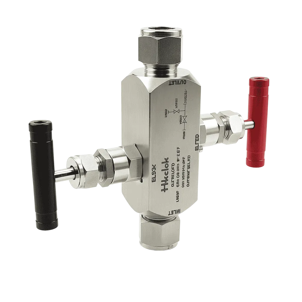 Stainless steel block and bleed manifold valve used in Saudi Arabia industrial applications.