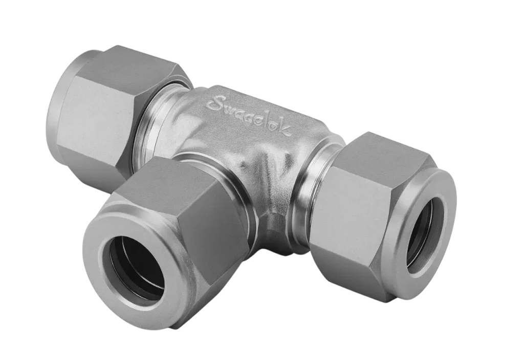 High-quality stainless steel Swagelok T-fitting provided by trusted Swagelok supplier in Saudi Arabia for reliable industrial fluid system connections.