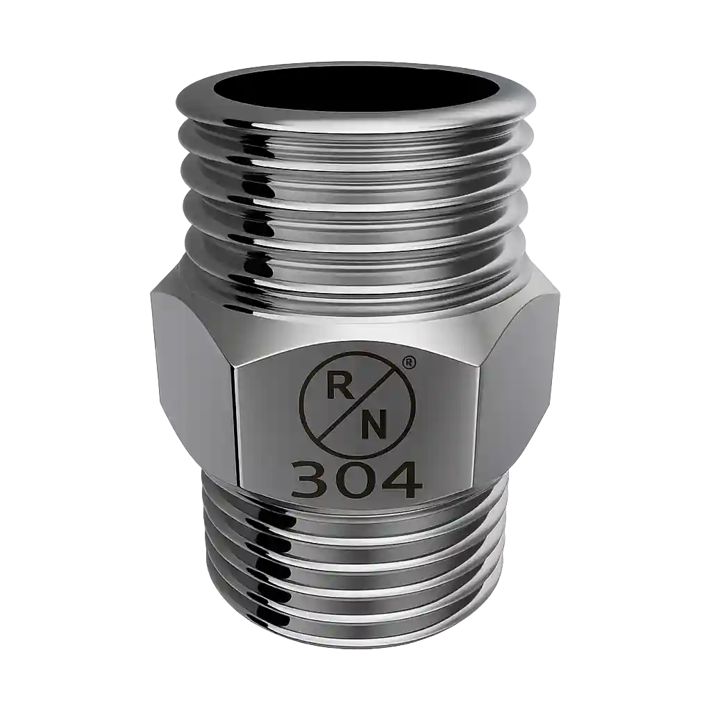 Stainless steel 304 hex nipple with threaded ends.