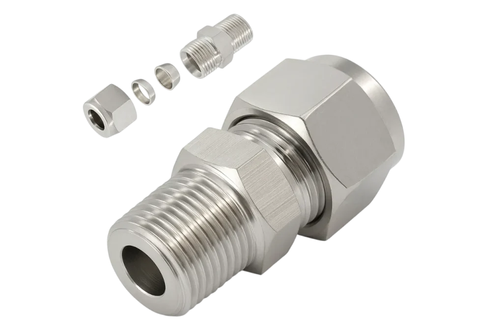 Hy-Lok double ferrule tube fitting showing precision engineering.