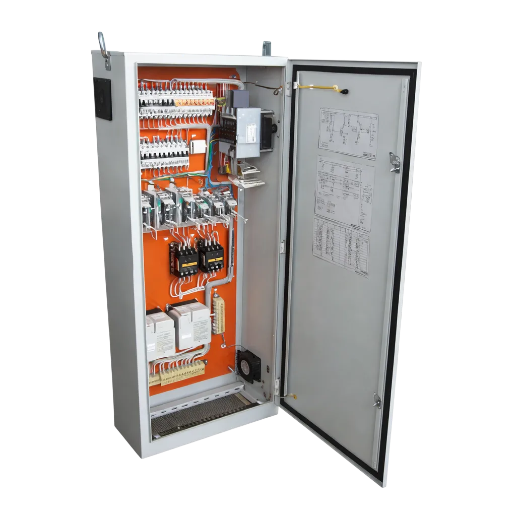 Industrial power supply and electrical control panel for PLC automation systems.