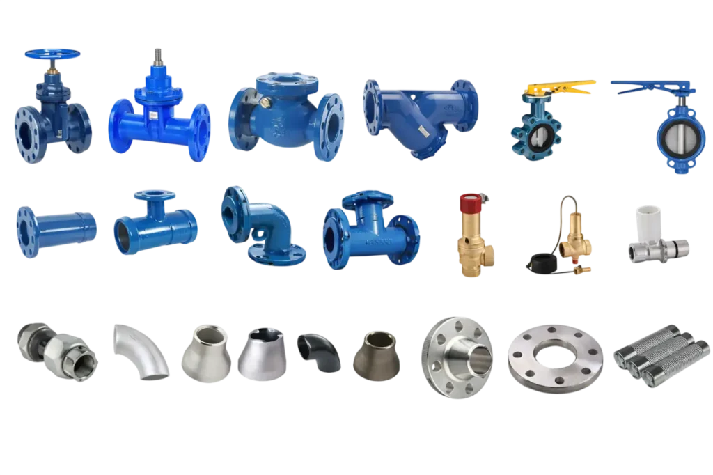 Different kinds of industrial valves supplied by valve manufacturers in Saudi Arabia for piping systems.