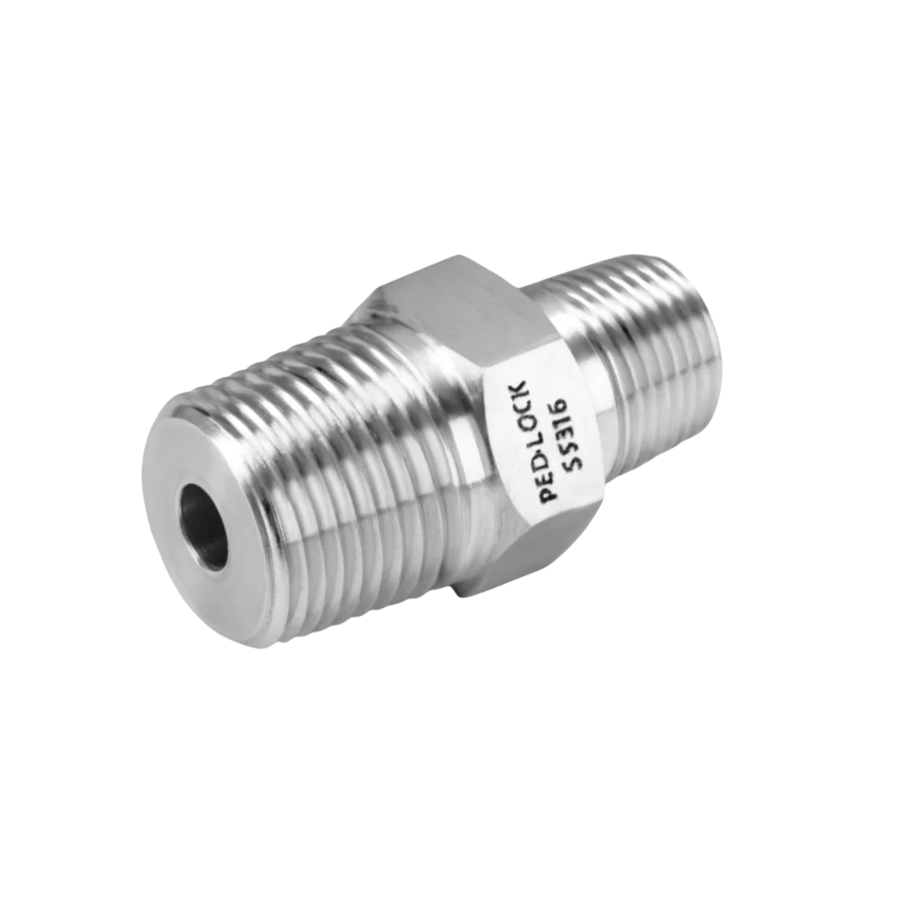 Stainless steel threaded tube fitting.