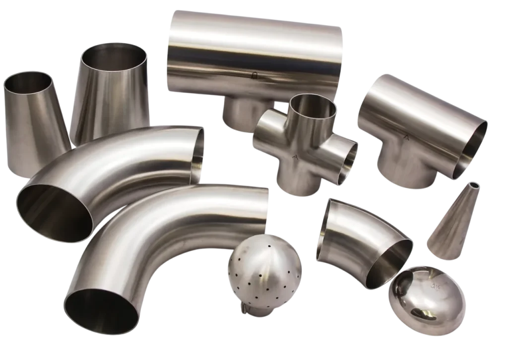 Stainless steel tube fittings displayed for industrial use by an SS Tube Fitting Supplier in Saudi Arabia.