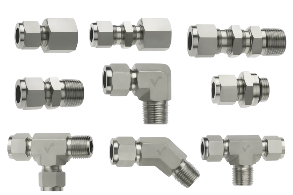 Stainless steel tube fittings and connectors used as instrumentation spare parts in industrial systems.