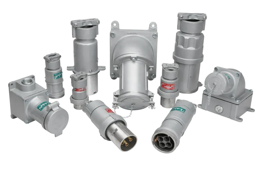 Industrial grade explosion proof electrical connectors and power devices used in hazardous environments.