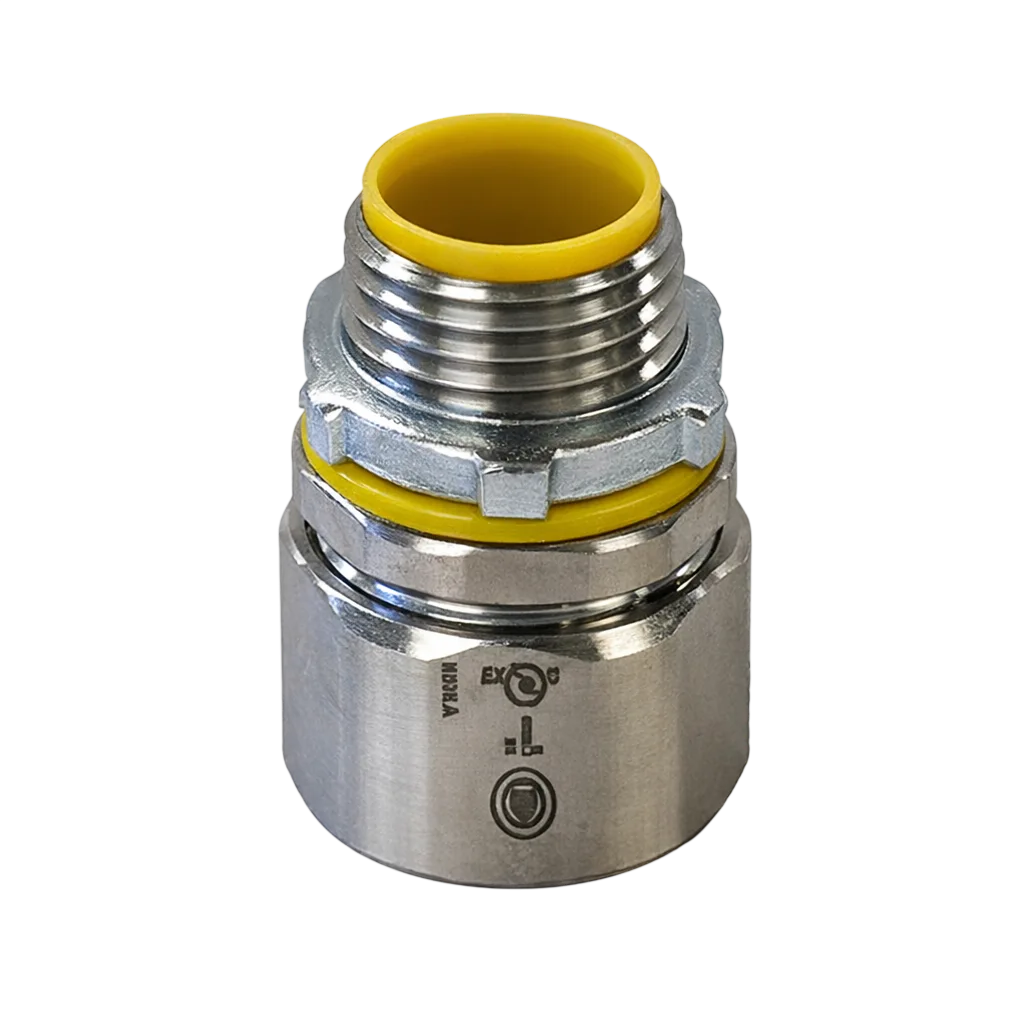 Stainless steel explosion proof cable gland connector for hazardous industrial electrical installations.
