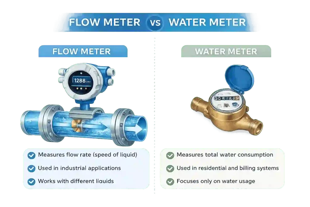 Difference between flow meter and water meter in Saudi Arabia showing industrial and residential usage comparison.
