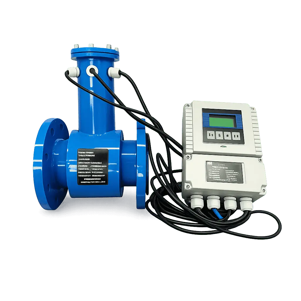 Industrial flow measurement device installed on a pipeline system in a real environment.
