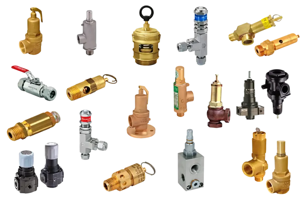 Collection of industrial pressure relief valves for various applications and systems.