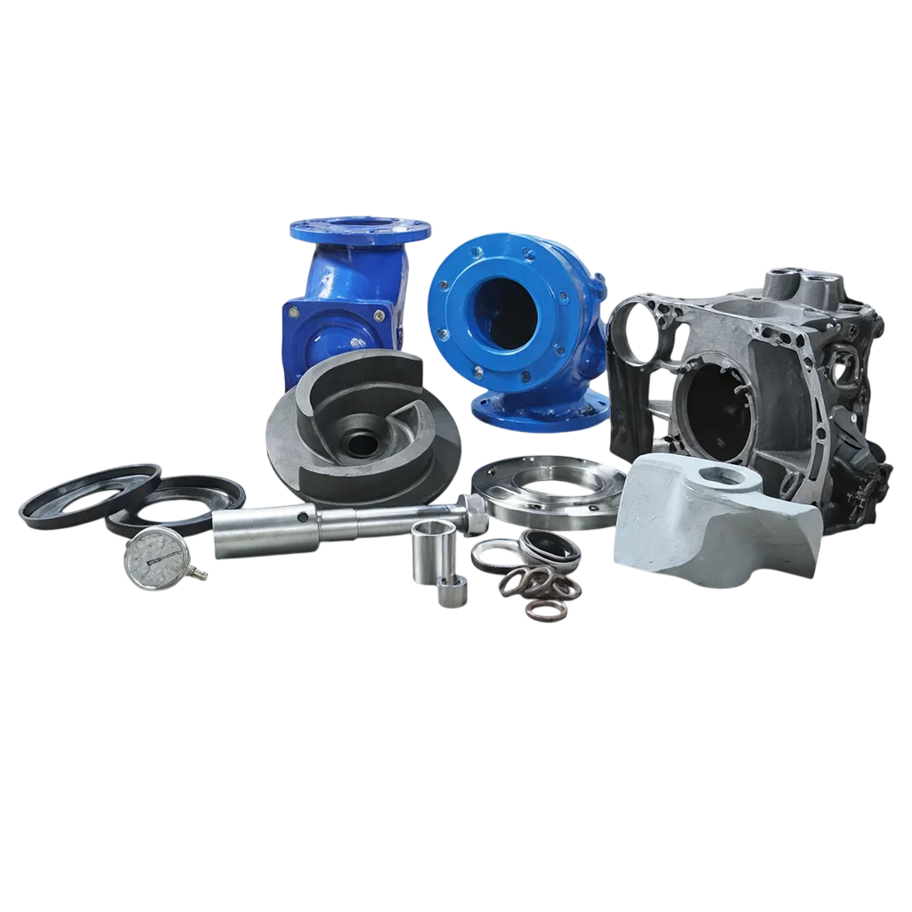 Industrial pump housings, shafts, seals and internal components arranged for supply and booking.