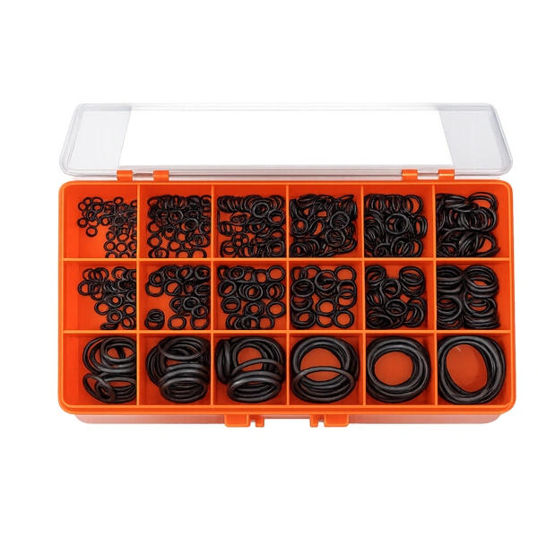 Assorted rubber O-ring kit with multiple sizes in plastic organizer box