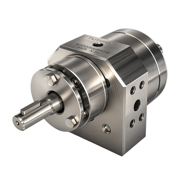 Stainless steel industrial gear pump with precision machined shaft and mounting block