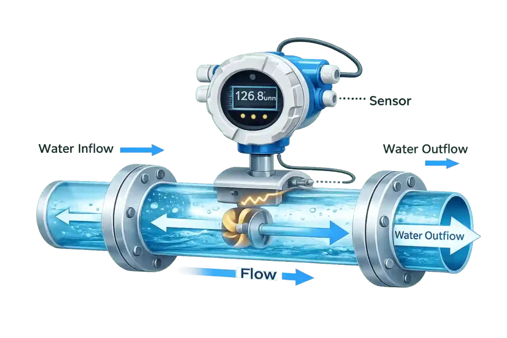 water flow meter working principle in Saudi Arabia showing flow measurement inside pipeline system.