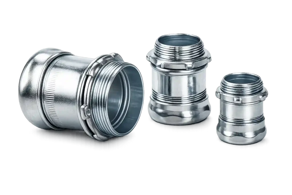 Conduit EMT fittings and connectors used for secure electrical conduit connections.