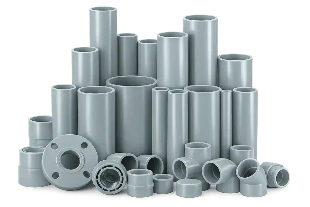 Industrial PVC Pipe Fittings in Saudi Arabia including pipes, elbows, couplings and connectors for heavy-duty piping systems.