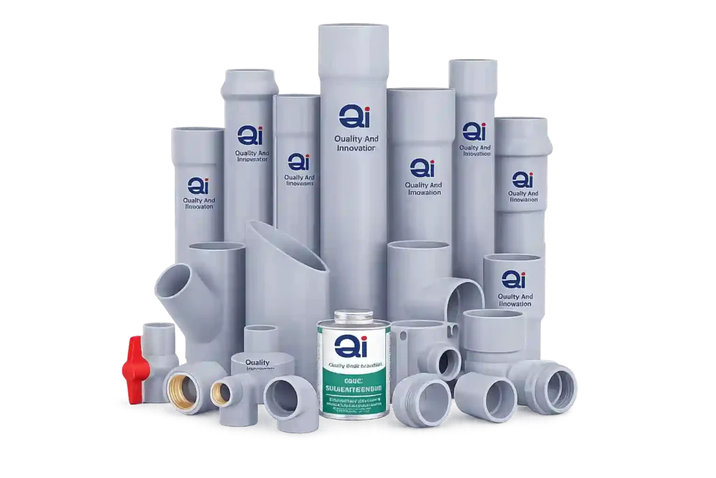 Wide range of PVC pipes and fittings including elbows, valves, couplings and connectors for residential and industrial use.