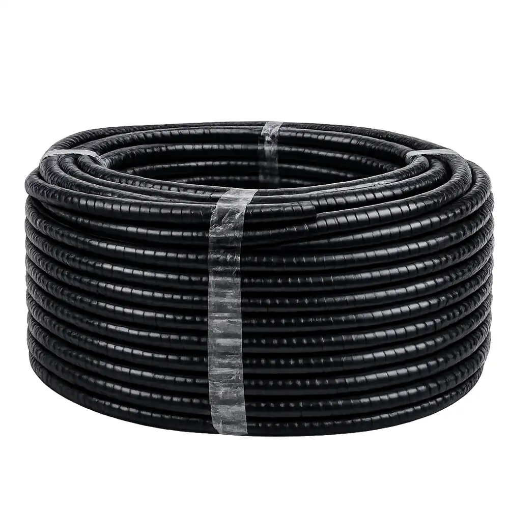 Flexible black conduit roll for cable management and electrical protection.