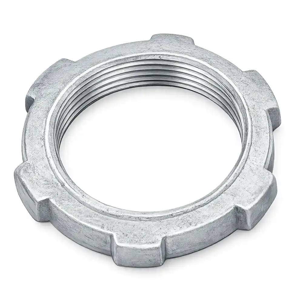 Galvanized conduit lock ring for secure fitting connections.