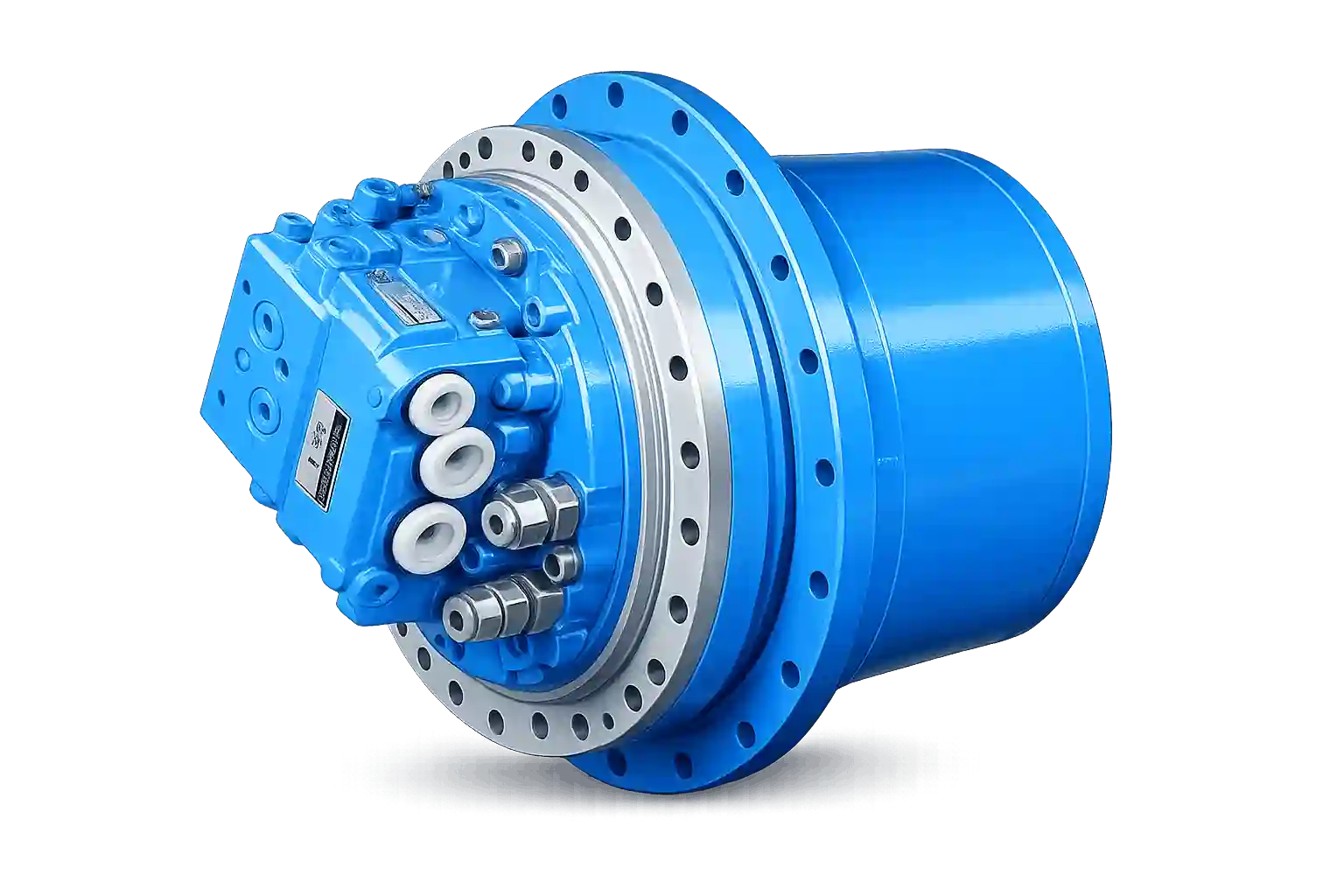 Blue orbital hydraulic drive motor for industrial equipment.