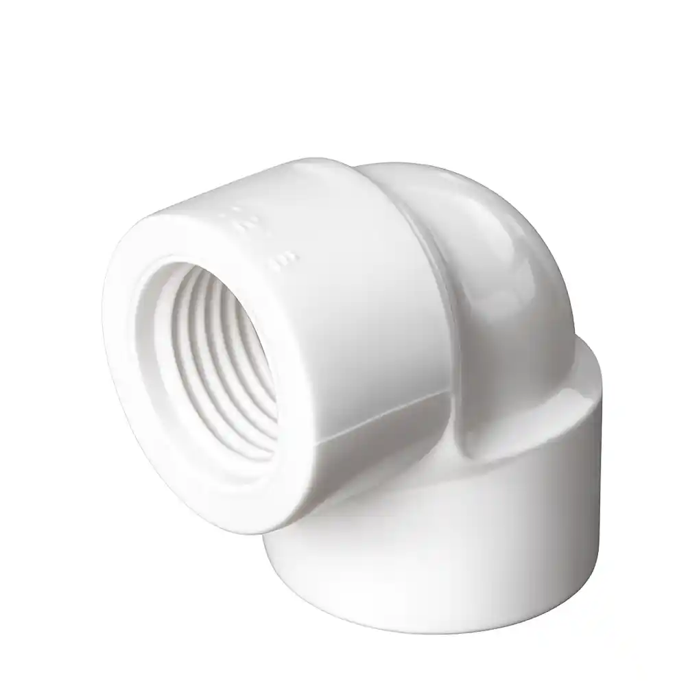 White PVC elbow fitting for conduit pipe connections.