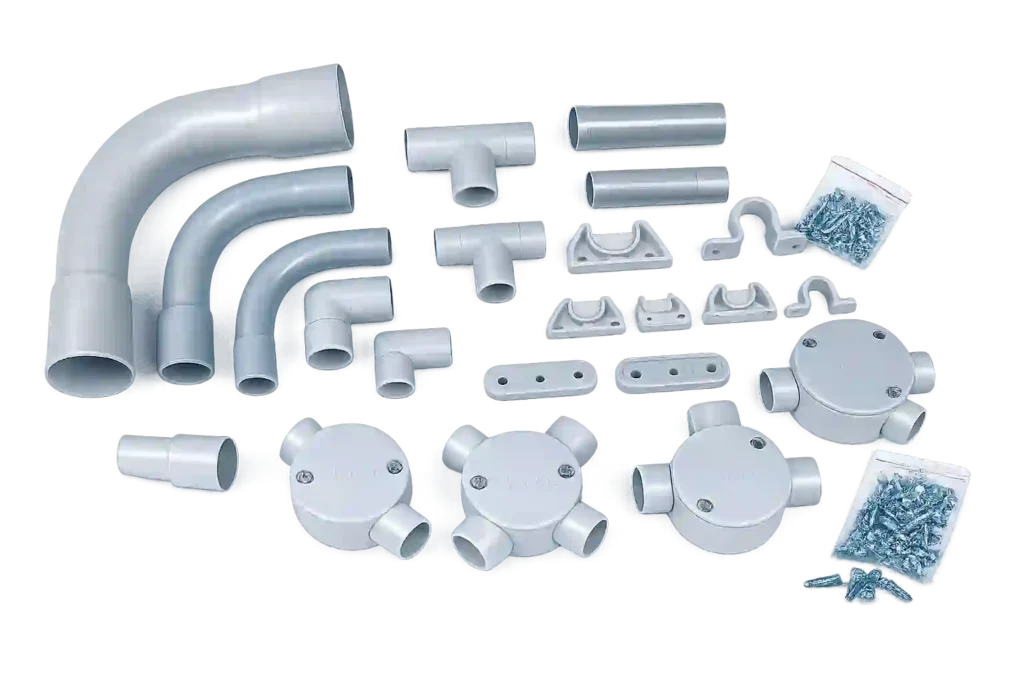 Industrial PVC conduit fittings and electrical accessories for cable management.