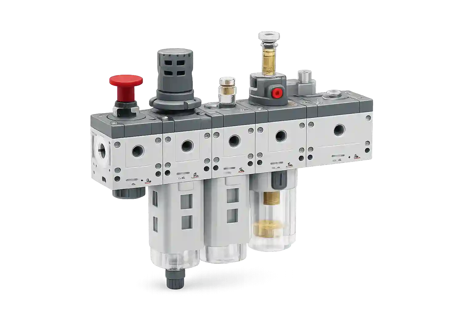 Camozzi FRL assembly for compressed air treatment systems.