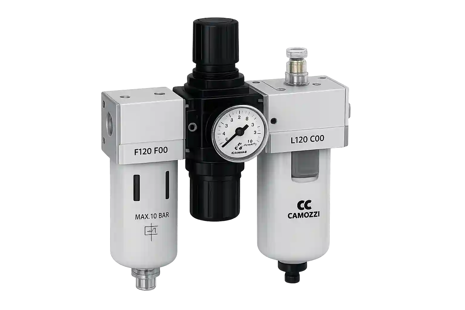 Camozzi filter regulator lubricator unit for pneumatic systems.