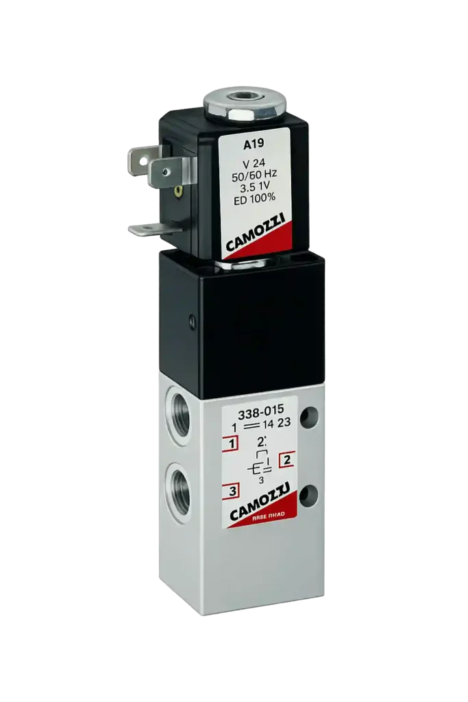 Camozzi solenoid valve used in pneumatic automation systems, available from Camozzi suppliers in Saudi Arabia.