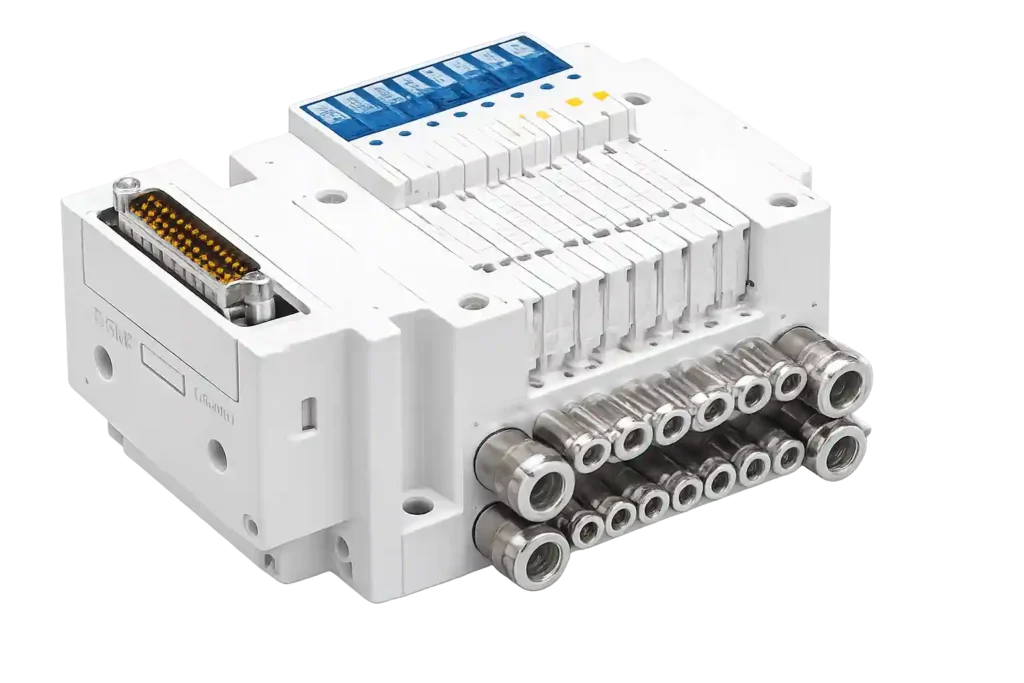 SMC pneumatic solenoid valve manifold used in industrial automation systems by SMC Supplier in Saudi Arabia.